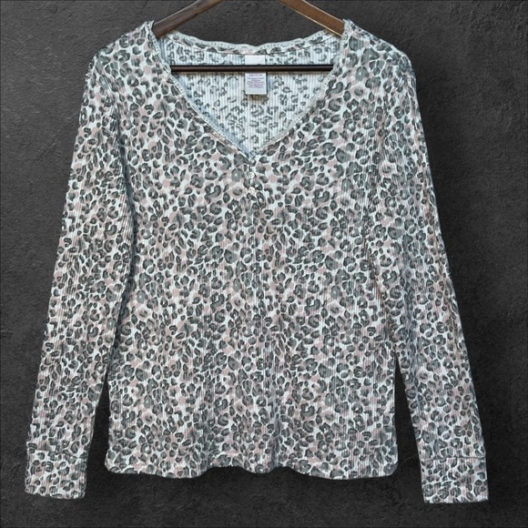 Secret Treasures Pajama‎ Top Womens Size L Pink Leopard Print Henley Lounge - Picture 1 of 9